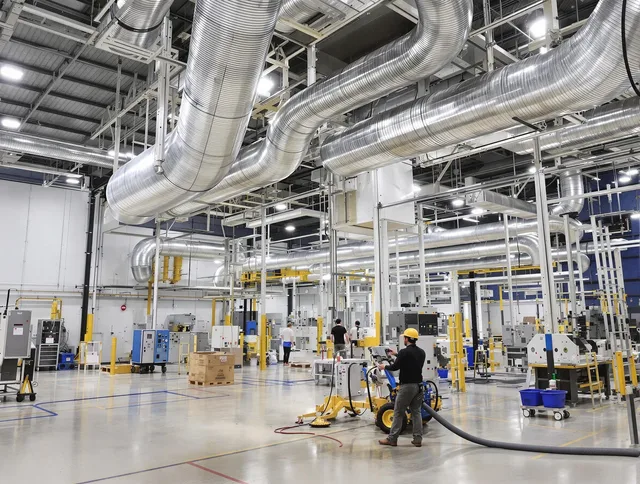 Sudbury Air Duct Cleaning team performing comprehensive industrial duct cleaning at a large facility in Sudbury